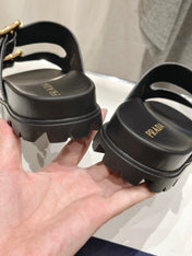 PRA CROCODILE MOTIF STRAP SLIDES SANDALS BLACK CALFSKIN