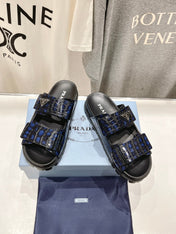 PRA CROCODILE LEATHER MOTIF SANDALS BLACK AND LAPIS CALFSKIN