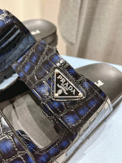 PRA CROCODILE LEATHER MOTIF SANDALS BLACK AND LAPIS CALFSKIN