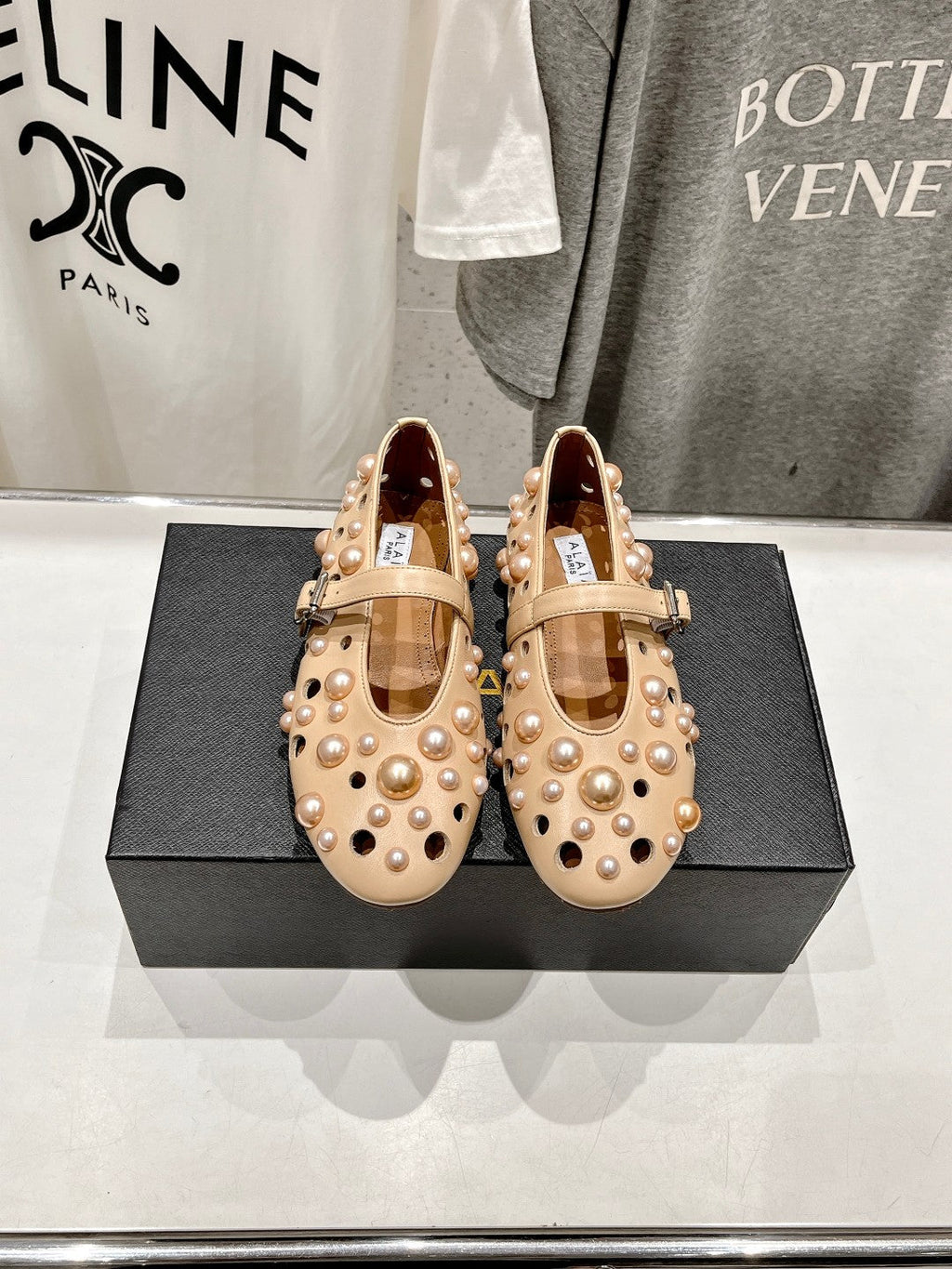 ALAIA PEARL MARY JANE SHOES IN BISQUE BEIGE LAMBSKIN