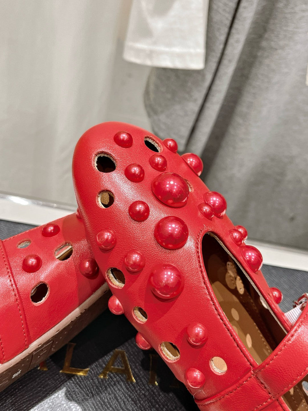 ALAIA PEARL MARY JANE SHOES IN ROSE RED LAMBSKIN