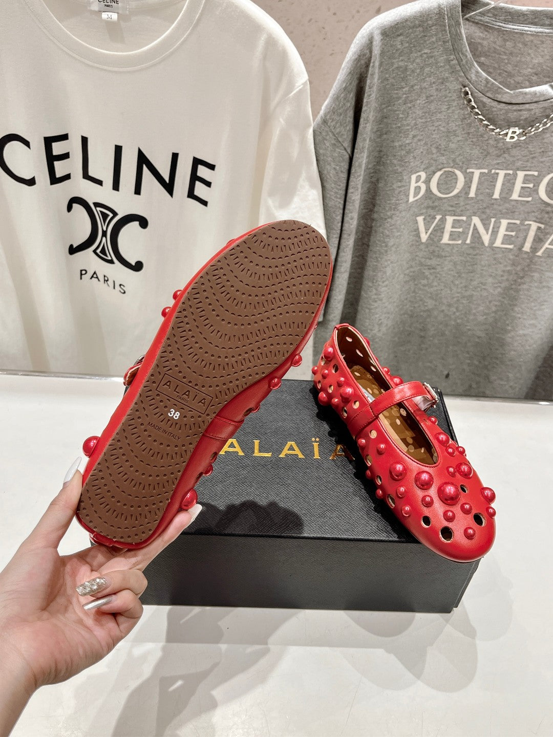 ALAIA PEARL MARY JANE SHOES IN ROSE RED LAMBSKIN