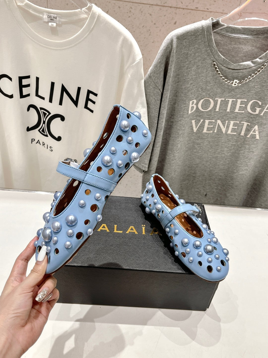 ALAIA PEARL MARY JANE SHOES IN LIGHT BLUE LAMBSKIN