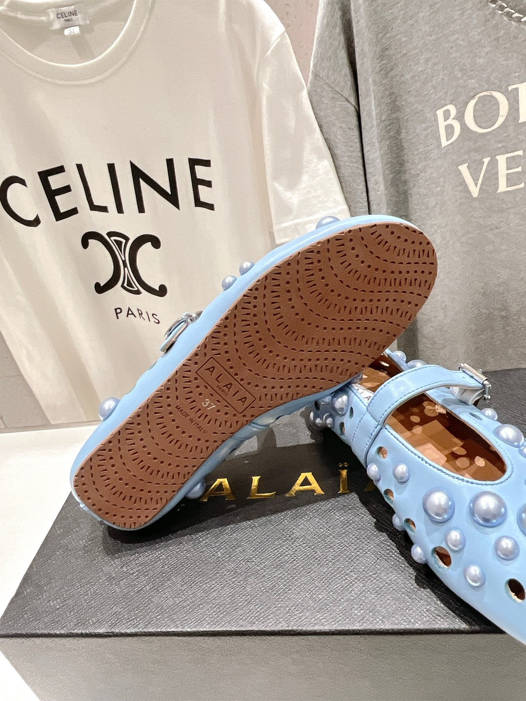 ALAIA PEARL MARY JANE SHOES IN LIGHT BLUE LAMBSKIN