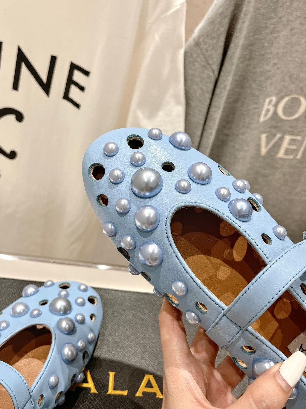 ALAIA PEARL MARY JANE SHOES IN LIGHT BLUE LAMBSKIN