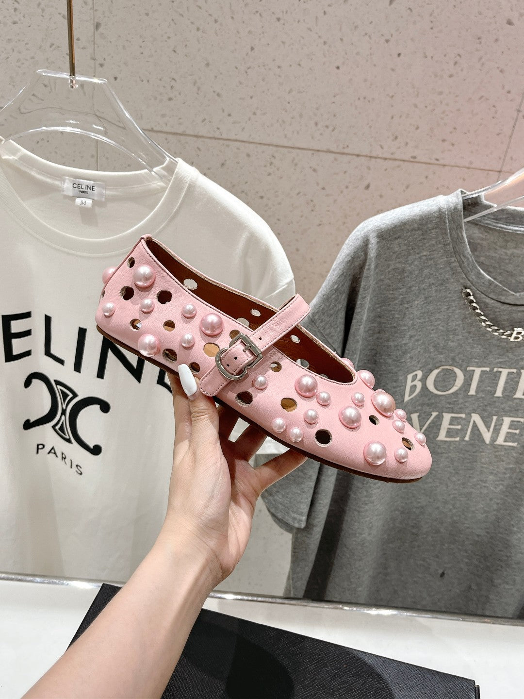 ALAIA PEARL MARY JANE SHOES IN LIGHT PINK LAMBSKIN