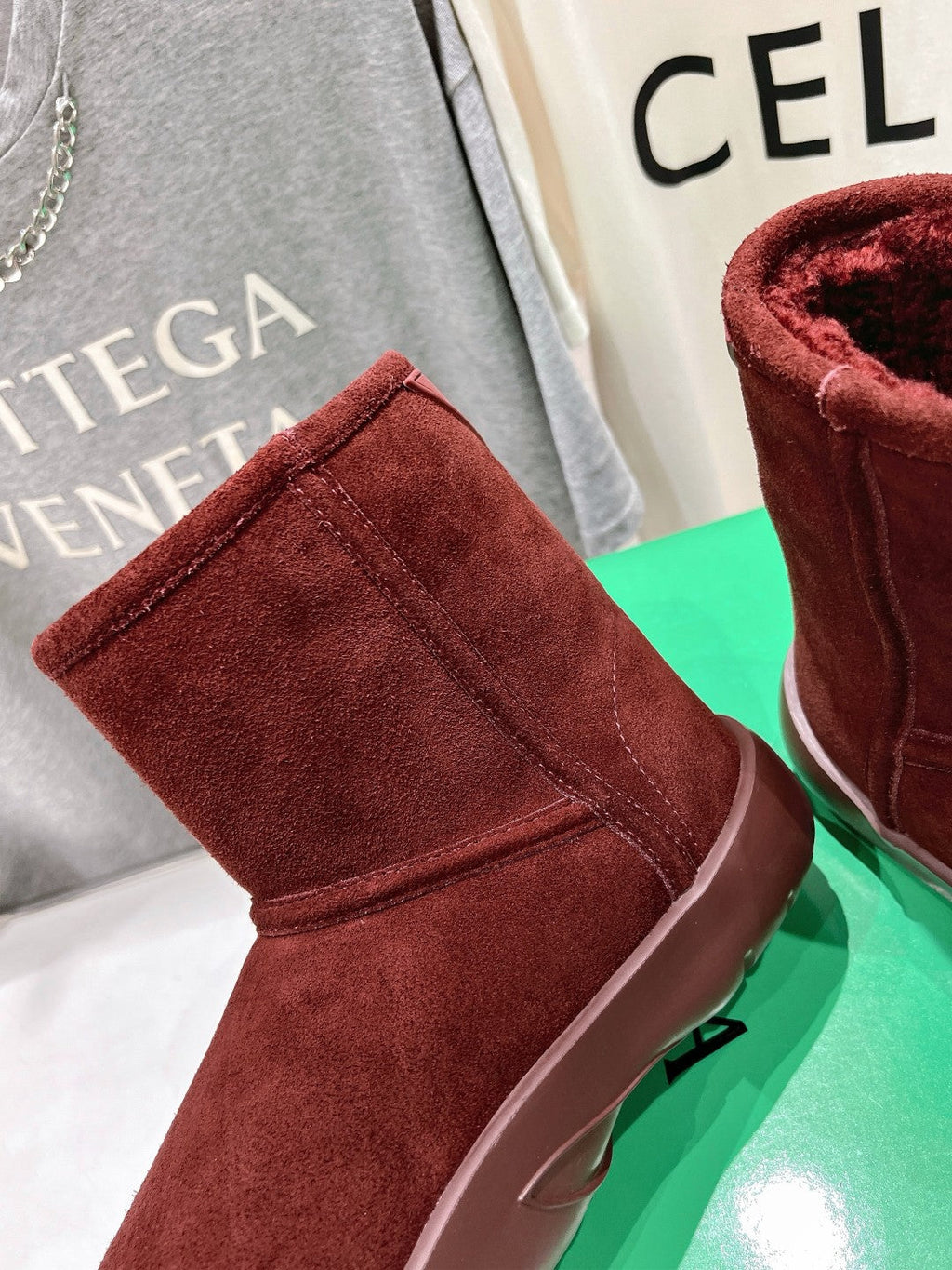 SNAP MINI ANKLE BOOTS IN JAM RED SUEDE AND SHEARLING LINING