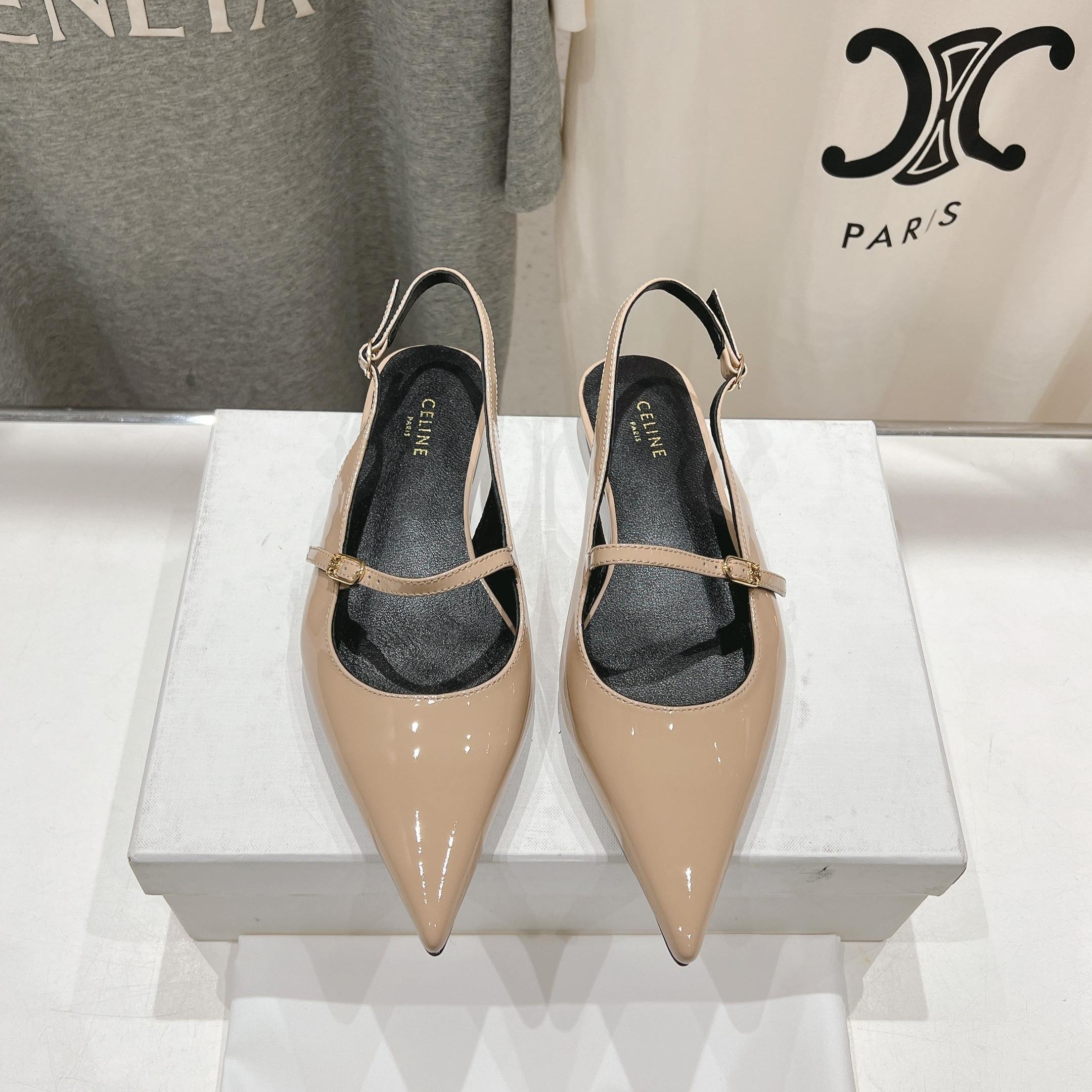 JUDY FLAT SLINGBACK IN TAN BEIGE PATENT CALFSKIN