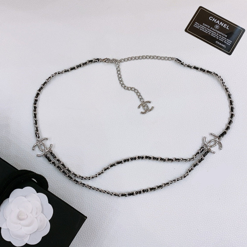 CHAIN BELT IN SILVER METAL INTERWOVEN WITH CALFSKIN STRAPS