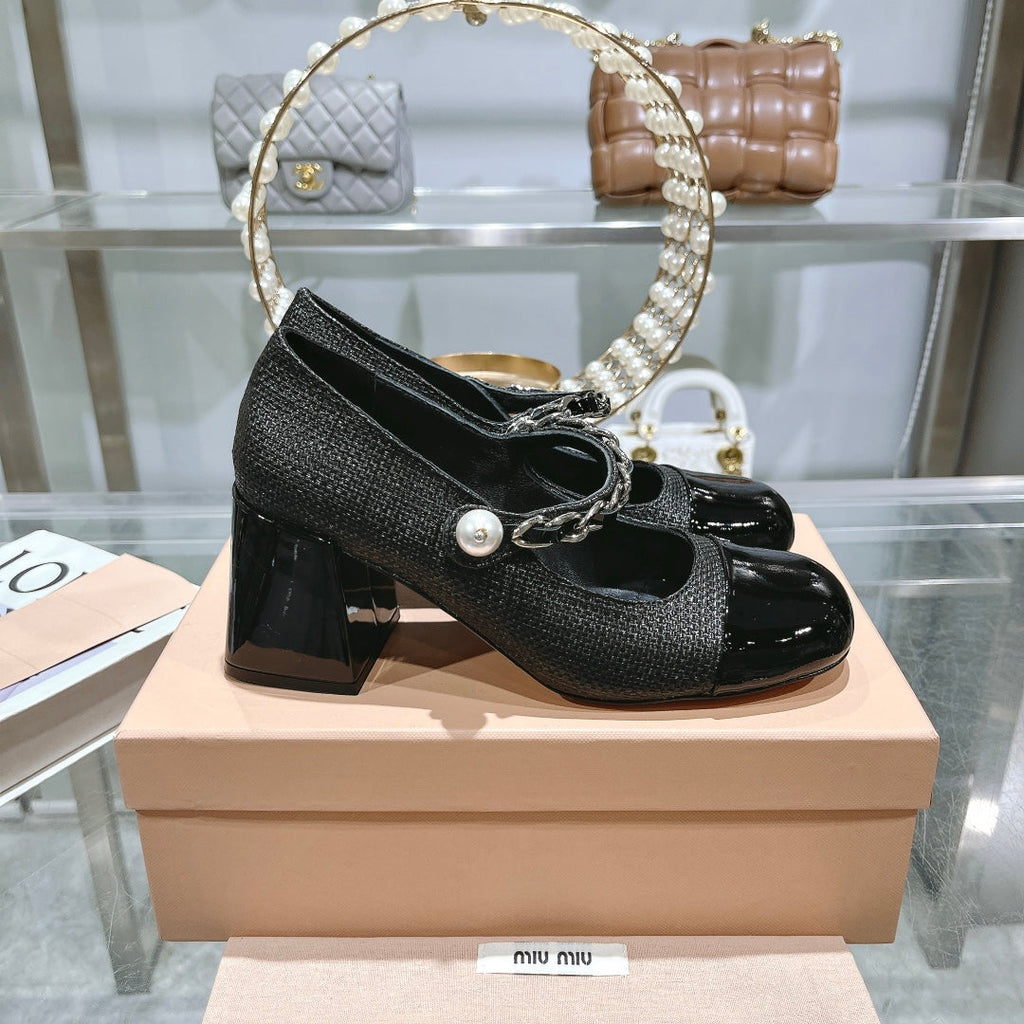 MARY JANE SANDAL CAP TOE BLACK SHEEPSKIN - HIGH HEEL
