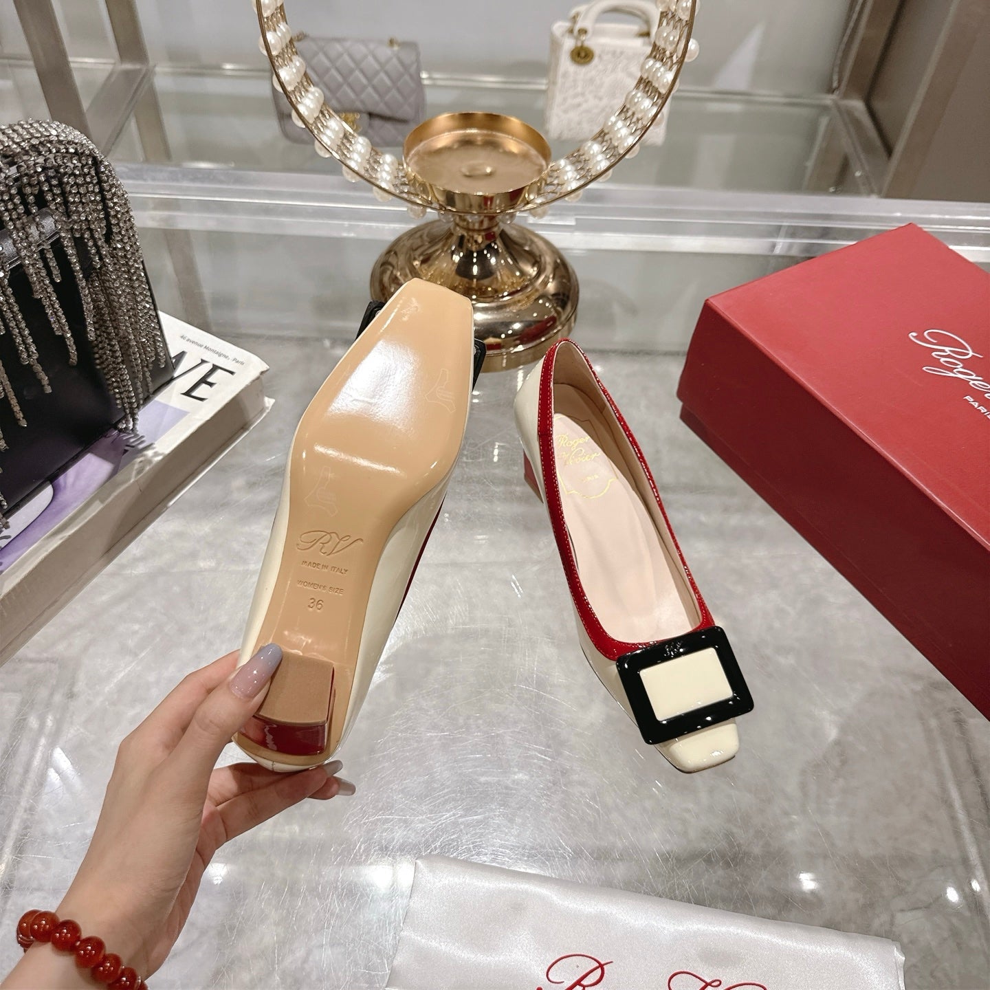 ROGER VIVIER 25S TROMPETTE BALLERINAS 45MM IN IVORY CALFSKIN