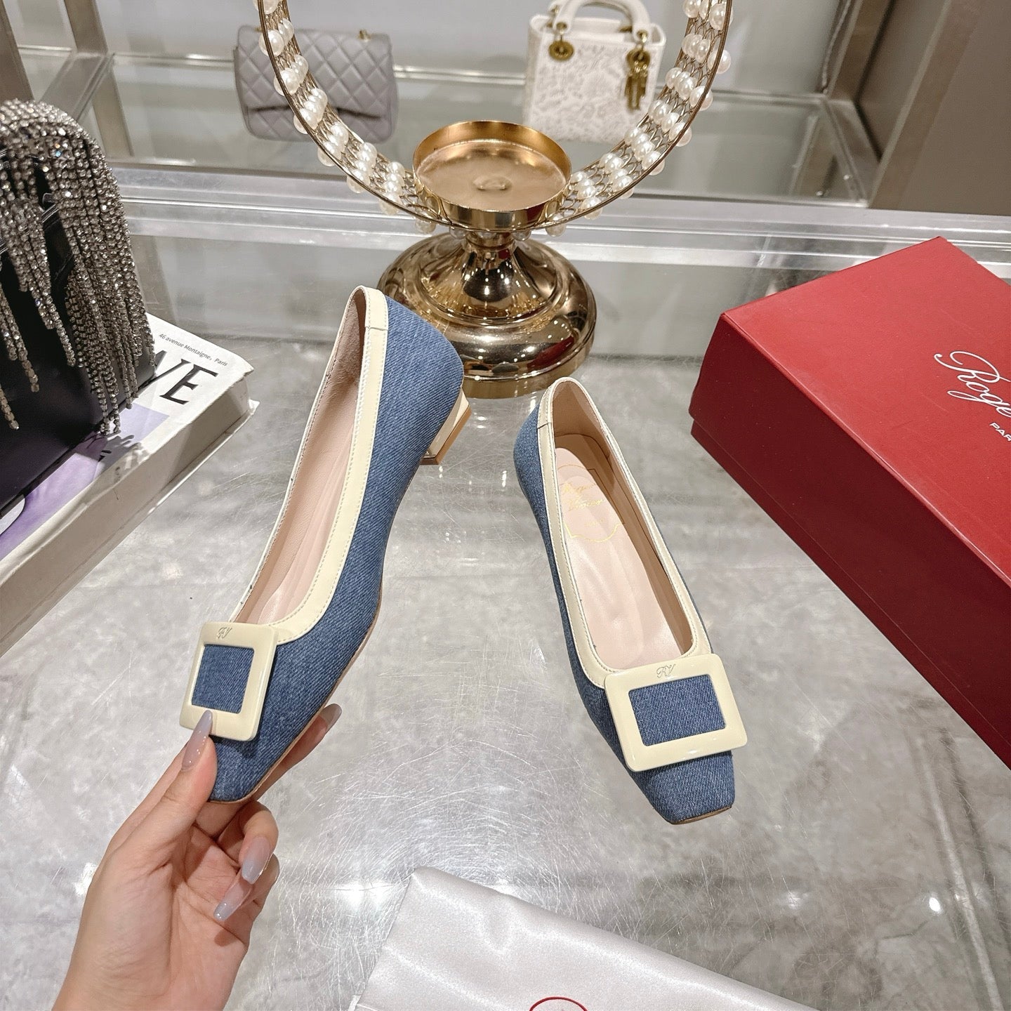 ROGER VIVIER 25S TROMPETTE BALLERINAS 25MM IN BLUE DENIM