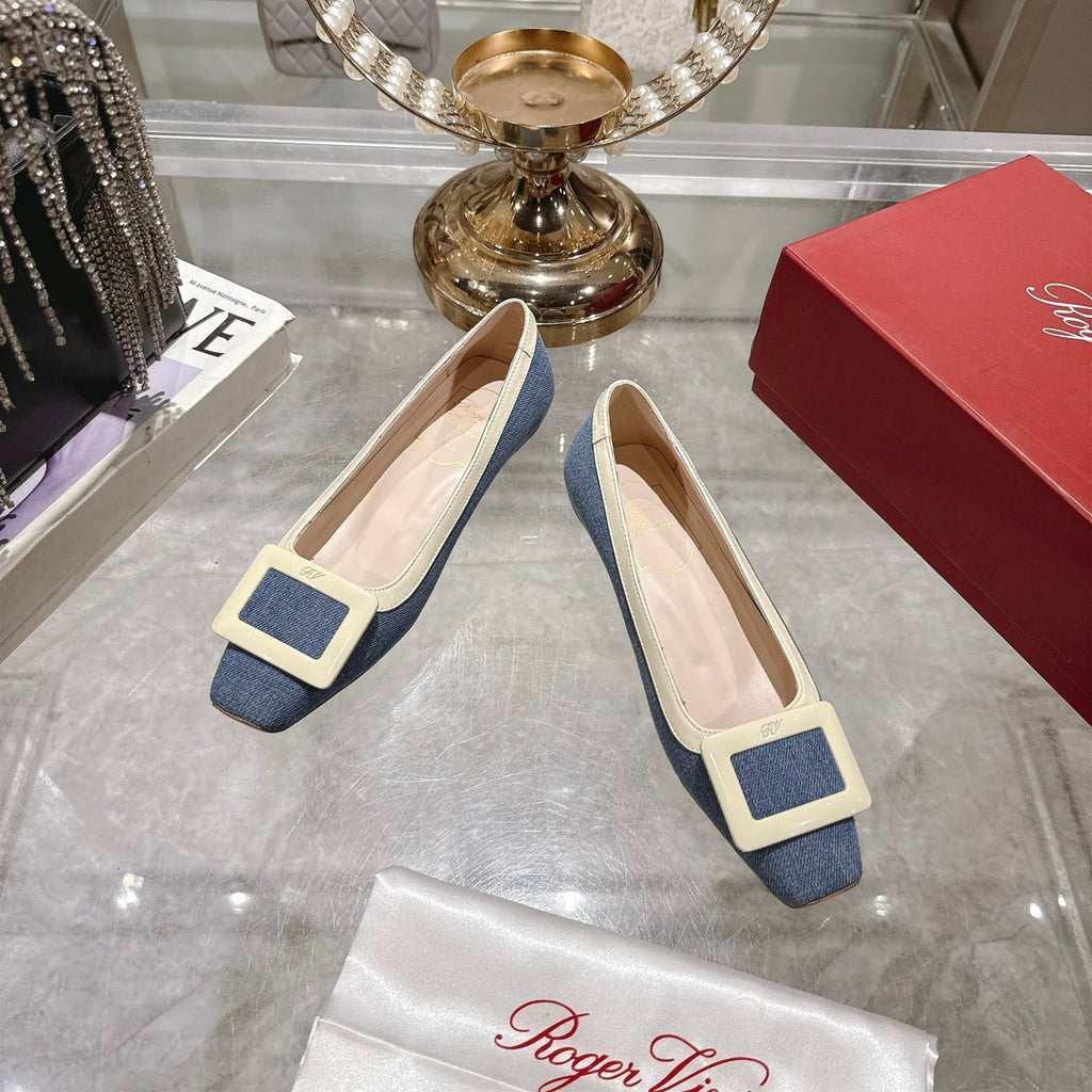 ROGER VIVIER 25S TROMPETTE BALLERINAS 25MM IN BLUE DENIM