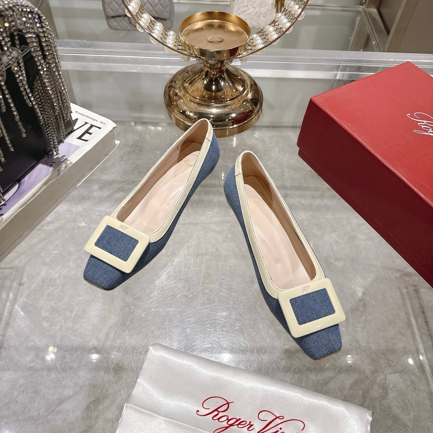 ROGER VIVIER 25S TROMPETTE BALLERINAS 25MM IN BLUE DENIM