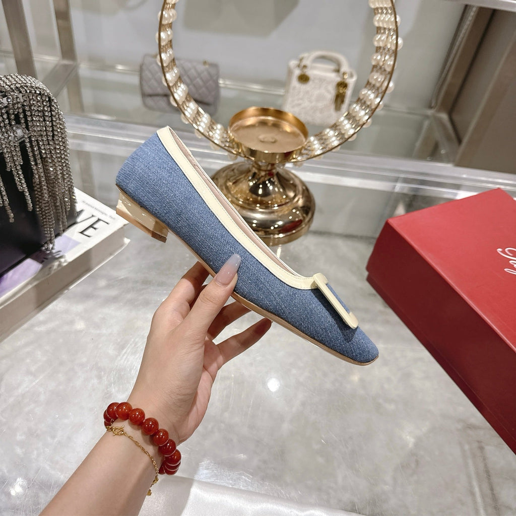 ROGER VIVIER 25S TROMPETTE BALLERINAS 25MM IN BLUE DENIM