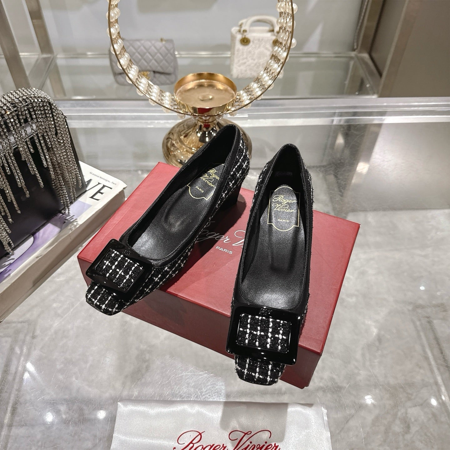 ROGER VIVIER 25S TROMPETTE BALLERINAS 45MM IN BLACK TWEED