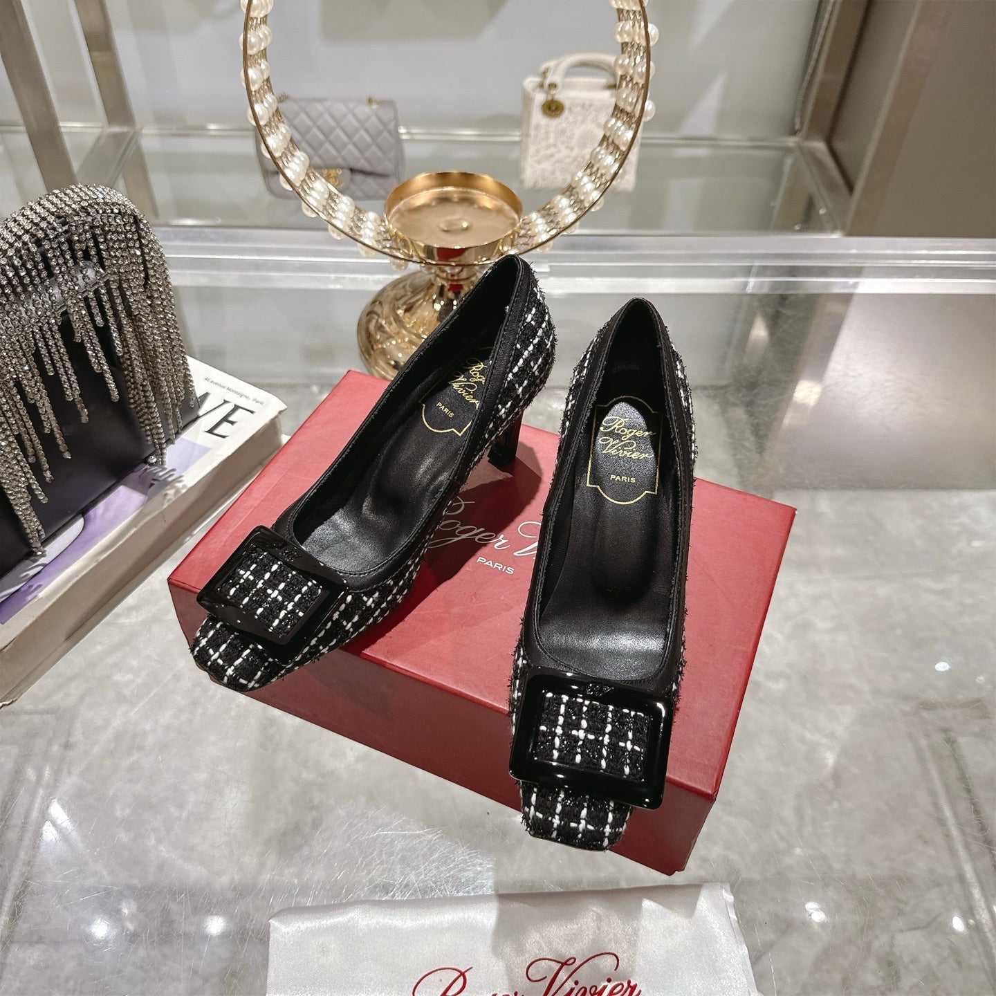 ROGER VIVIER 25S TROMPETTE BALLERINAS 75MM IN BLACK TWEED