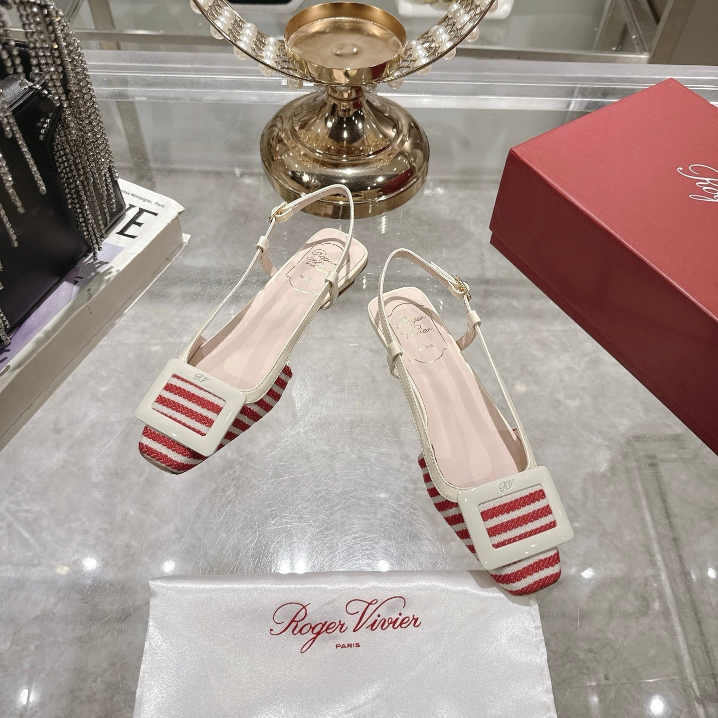 ROGER VIVIER 25S VIVIER SLINGBACK 25MM IN RED PLAID PATTERN CANVAS