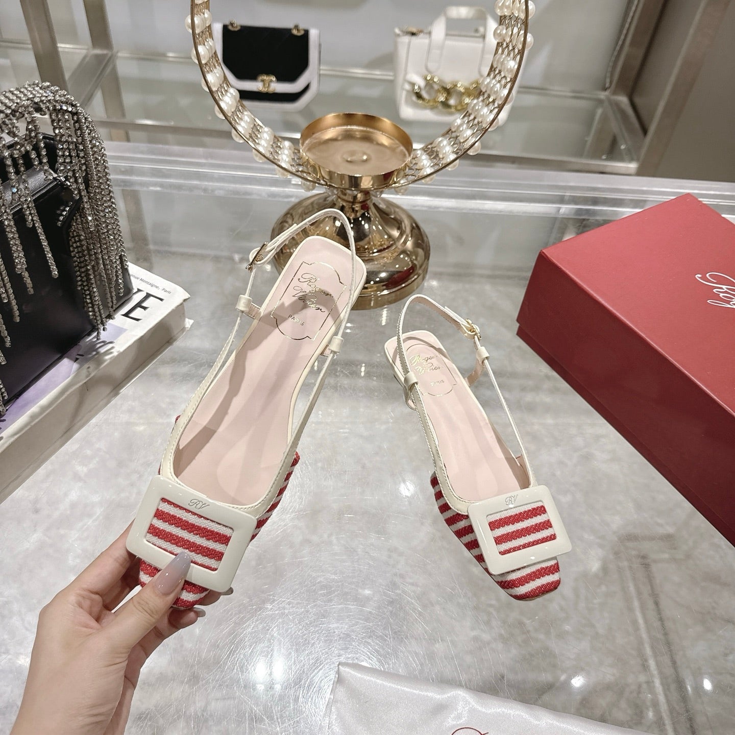 ROGER VIVIER 25S VIVIER SLINGBACK 25MM IN RED PLAID PATTERN CANVAS