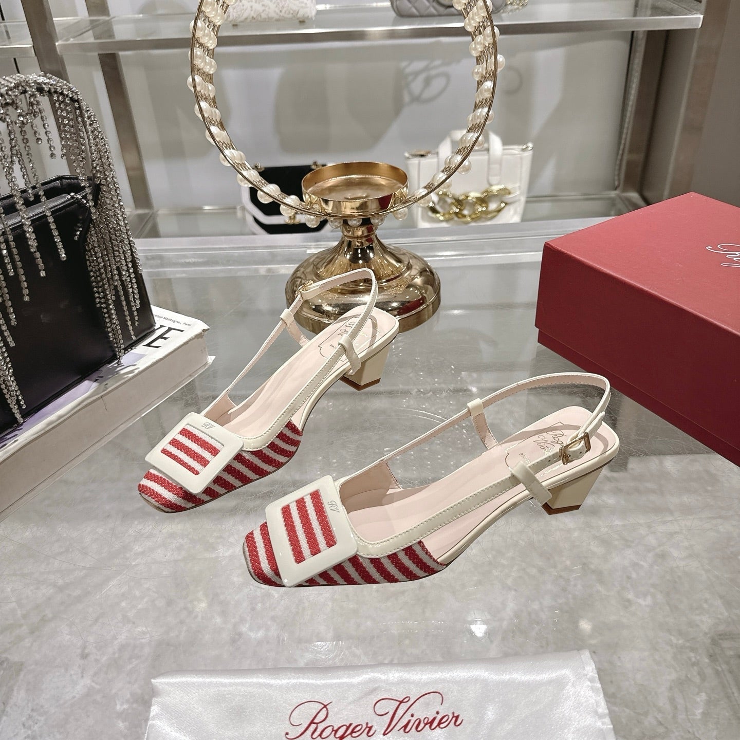 ROGER VIVIER 25S VIVIER SLINGBACK 45MM IN RED PLAID PATTERN CANVAS