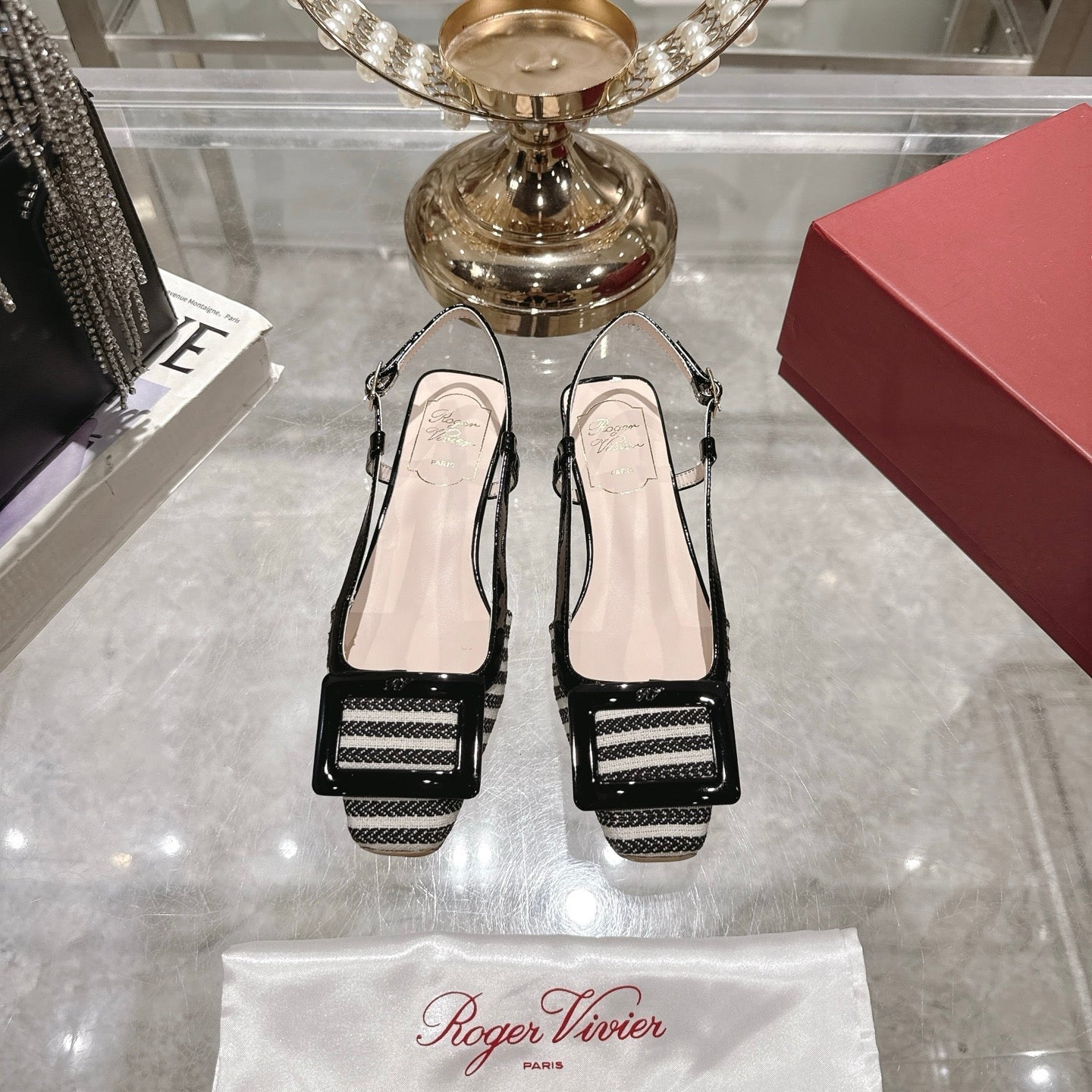 ROGER VIVIER 25S VIVIER SLINGBACK 25MM IN BLACK PLAID PATTERN CANVAS