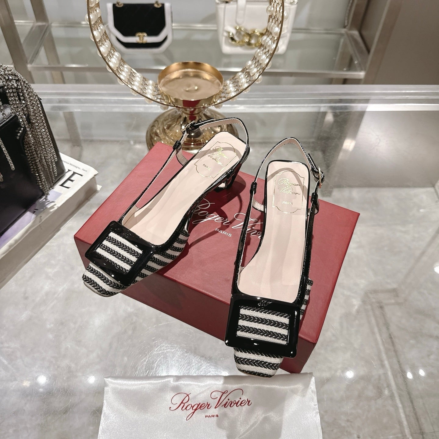 ROGER VIVIER 25S VIVIER SLINGBACK 45MM IN BLACK PLAID PATTERN CANVAS