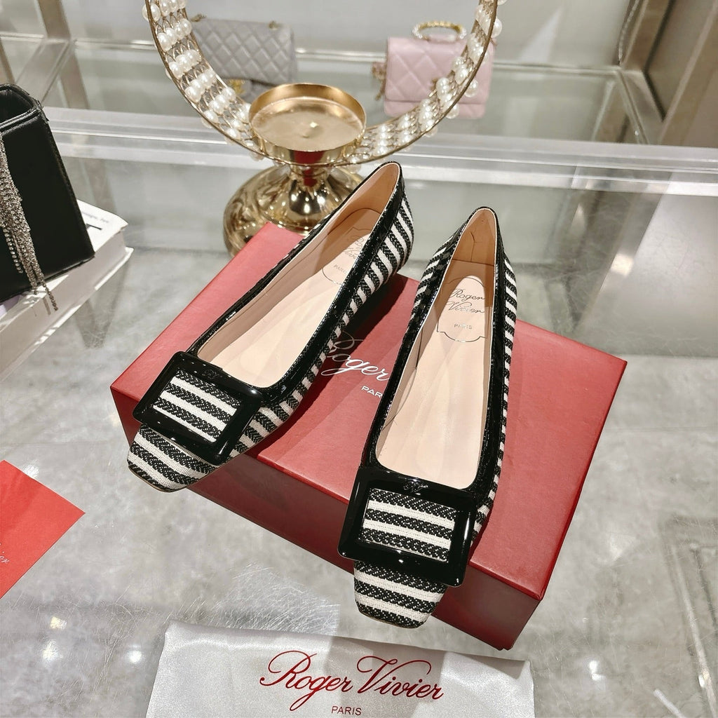 ROGER VIVIER 25S TROMPETTE BALLERINAS 25MM IN BLACK PLAID PATTERN CANVAS