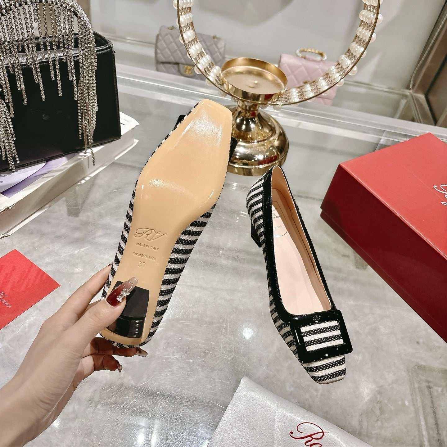 ROGER VIVIER 25S TROMPETTE BALLERINAS 45MM IN BLACK PLAID PATTERN CANVAS