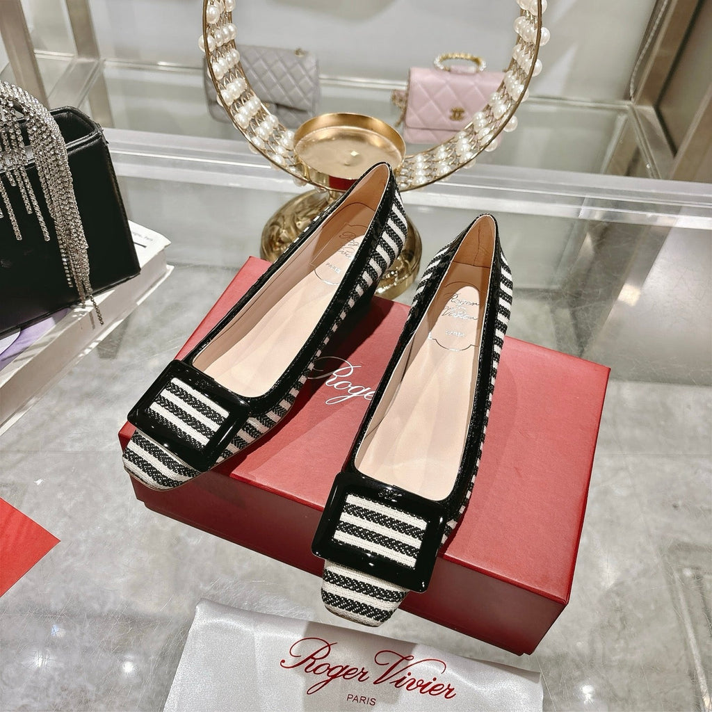 ROGER VIVIER 25S TROMPETTE BALLERINAS 45MM IN BLACK PLAID PATTERN CANVAS