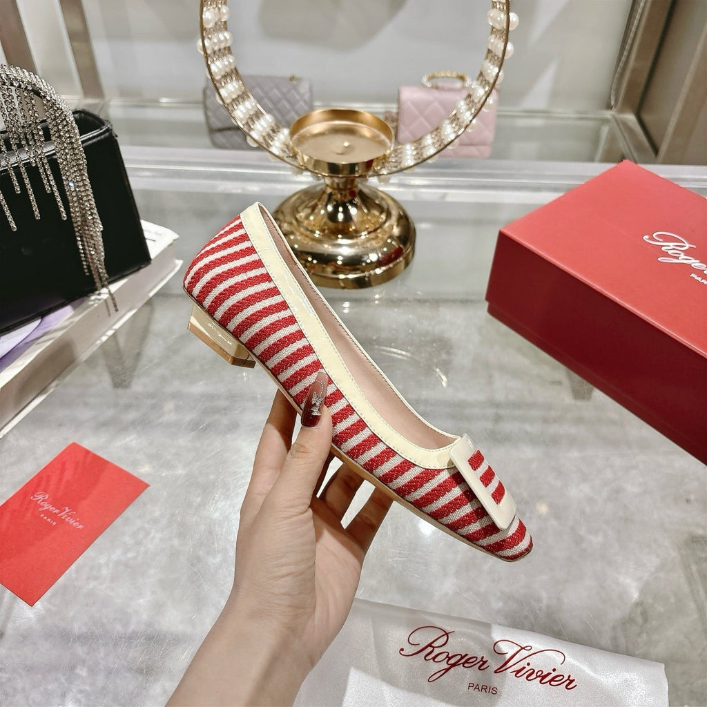 ROGER VIVIER 25S TROMPETTE BALLERINAS 25MM IN RED PLAID PATTERN CANVAS