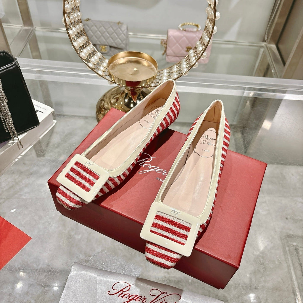 ROGER VIVIER 25S TROMPETTE BALLERINAS 25MM IN RED PLAID PATTERN CANVAS