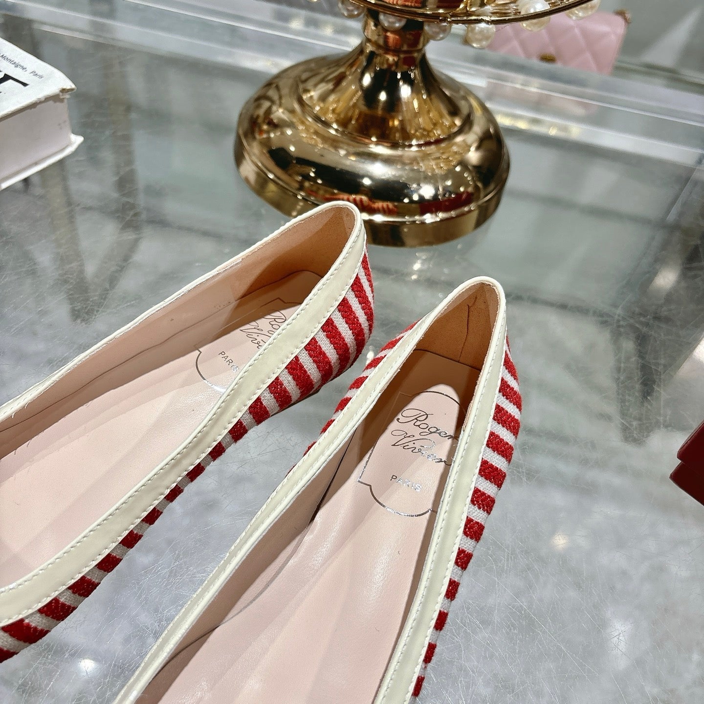 ROGER VIVIER 25S TROMPETTE BALLERINAS 25MM IN RED PLAID PATTERN CANVAS