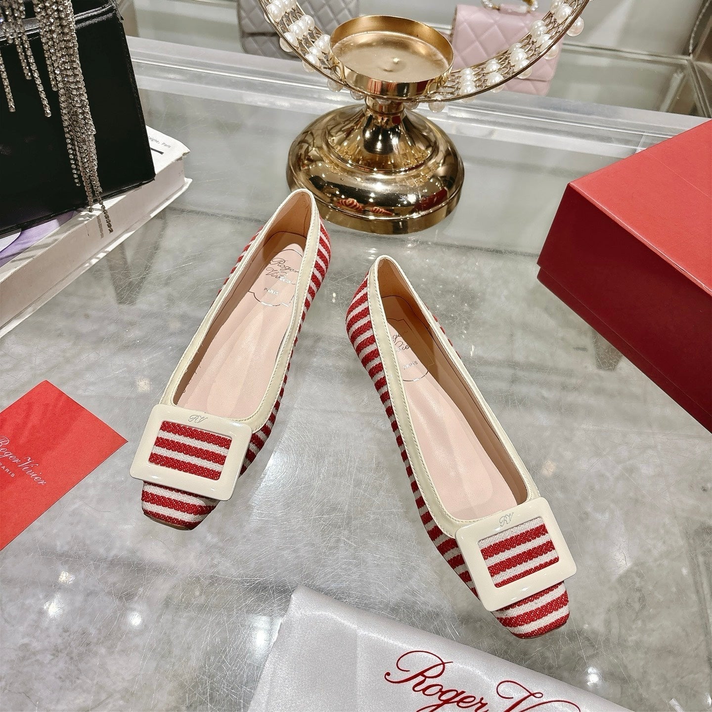 ROGER VIVIER 25S TROMPETTE BALLERINAS 25MM IN RED PLAID PATTERN CANVAS