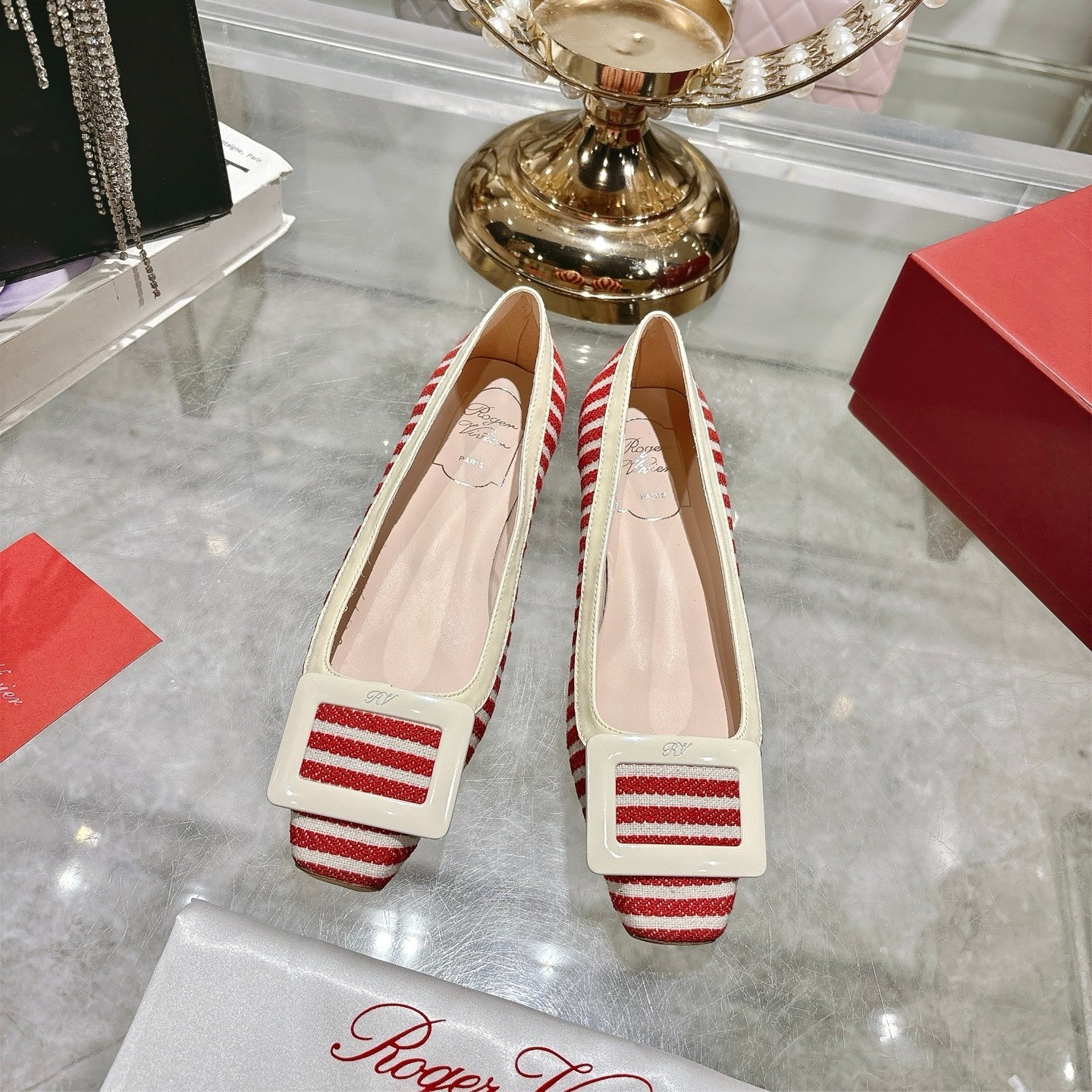 ROGER VIVIER 25S TROMPETTE BALLERINAS 25MM IN RED PLAID PATTERN CANVAS