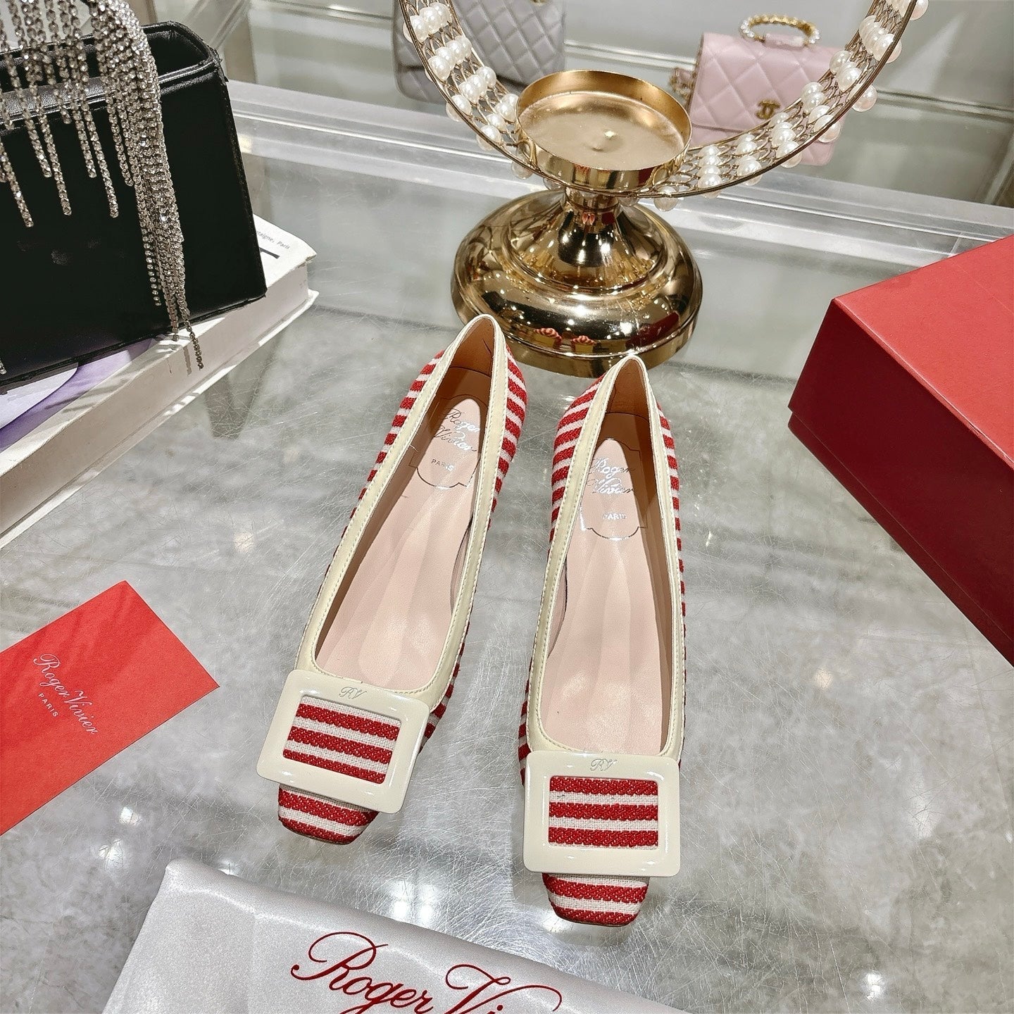 ROGER VIVIER 25S TROMPETTE BALLERINAS 45MM IN RED PLAID PATTERN CANVAS