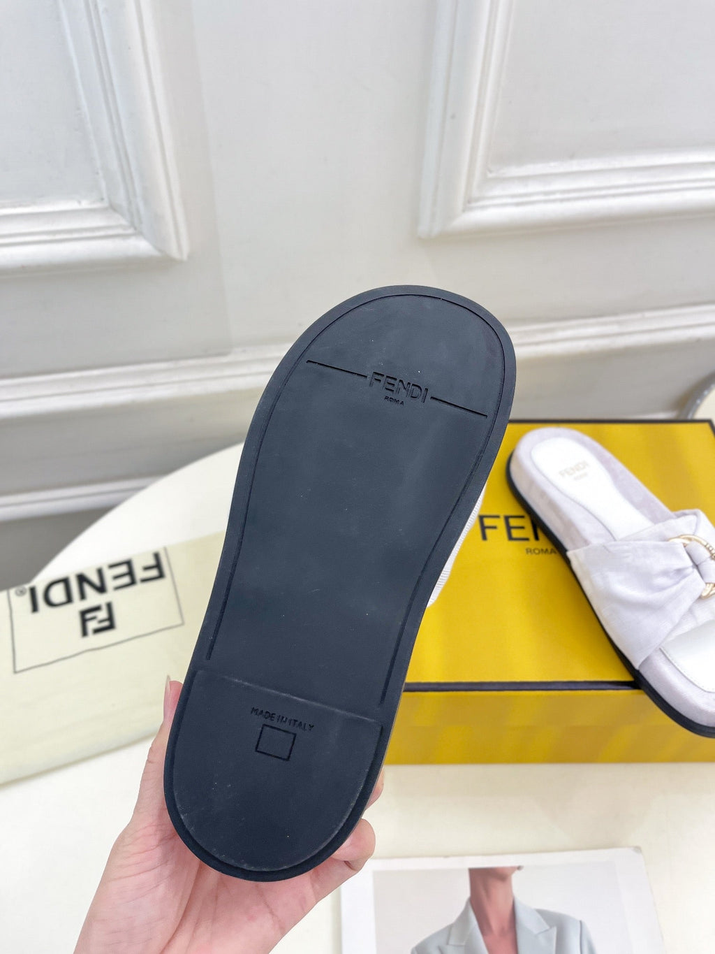 FENDI FLAT SLIPPER IN WHITE JACQUARD FABRIC WITH GOLD HARDWARE