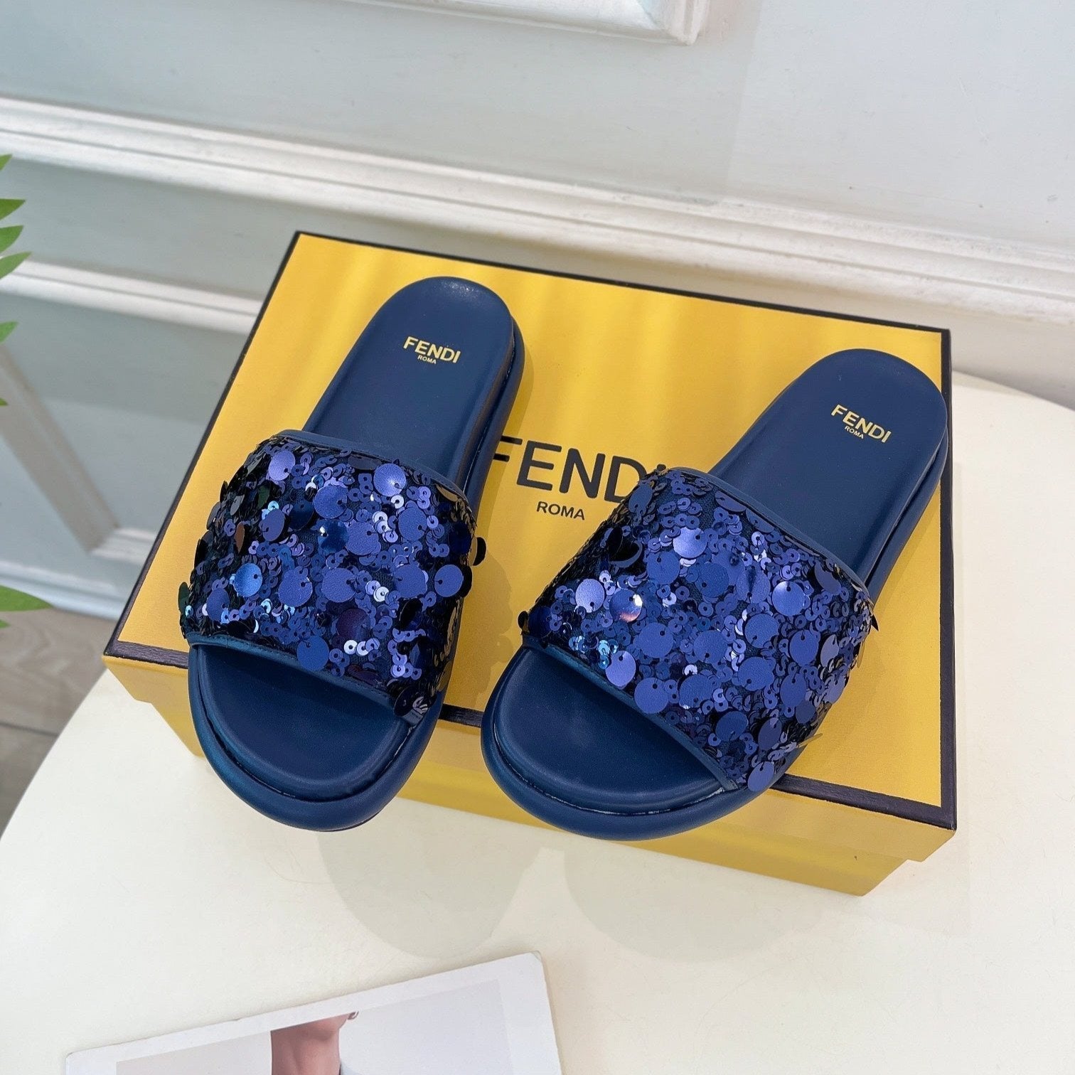 FENDI THICK SOLE 3 CM SEQUIN SLIPPER NAVY BLUE