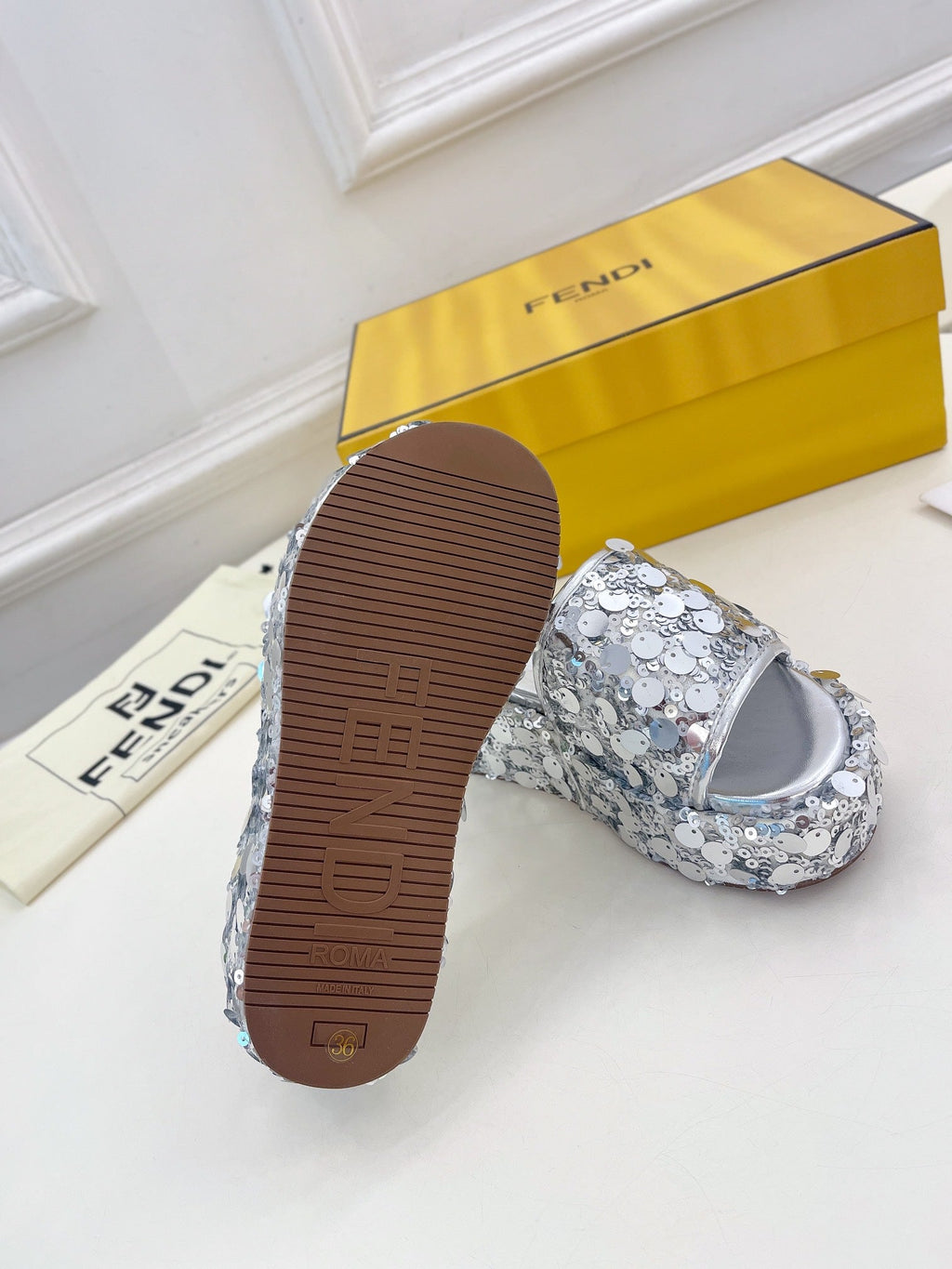 FENDI THICK SOLE 6 CM SEQUIN SLIPPER SILVER
