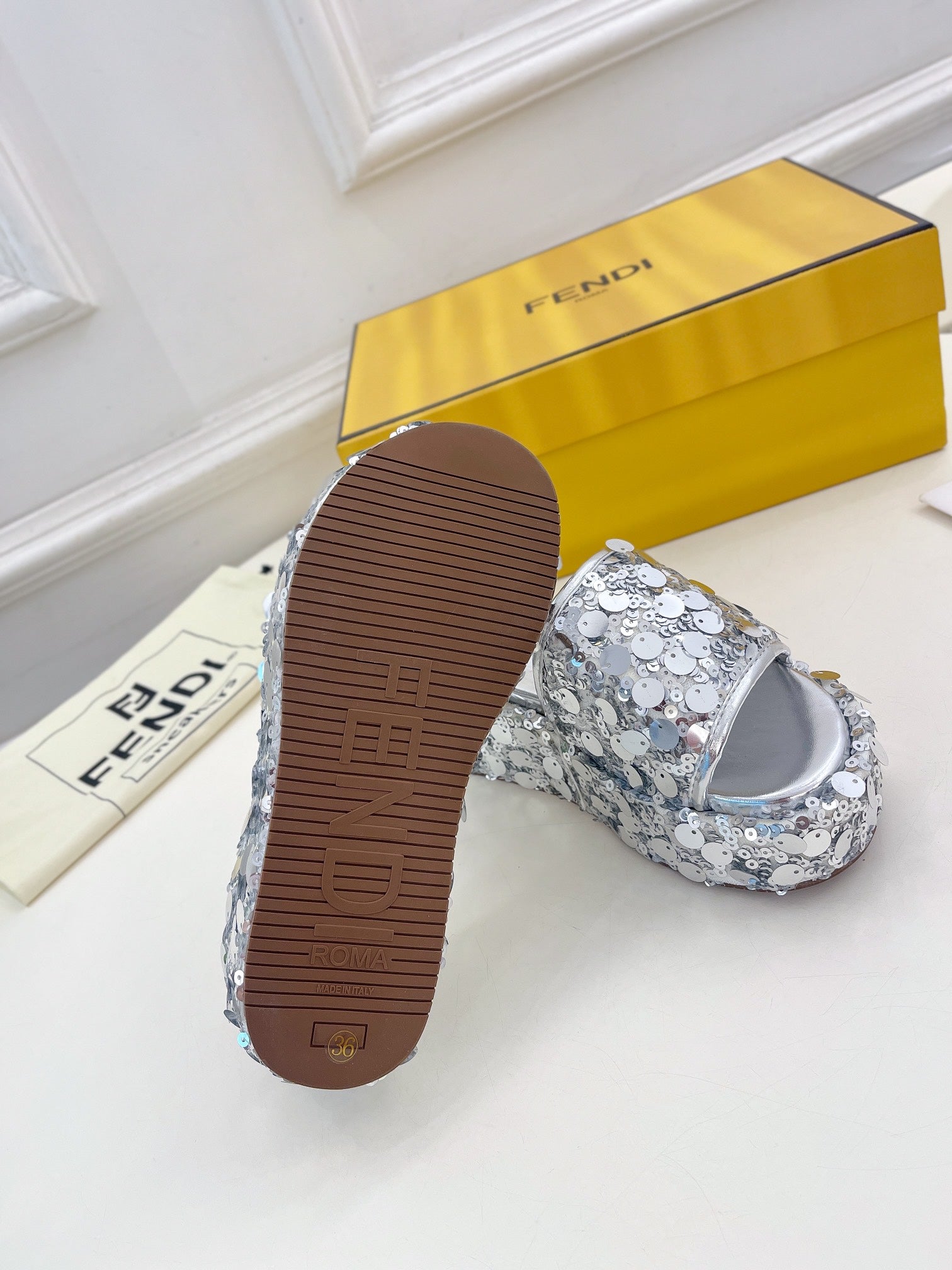 FENDI THICK SOLE 6 CM SEQUIN SLIPPER SILVER