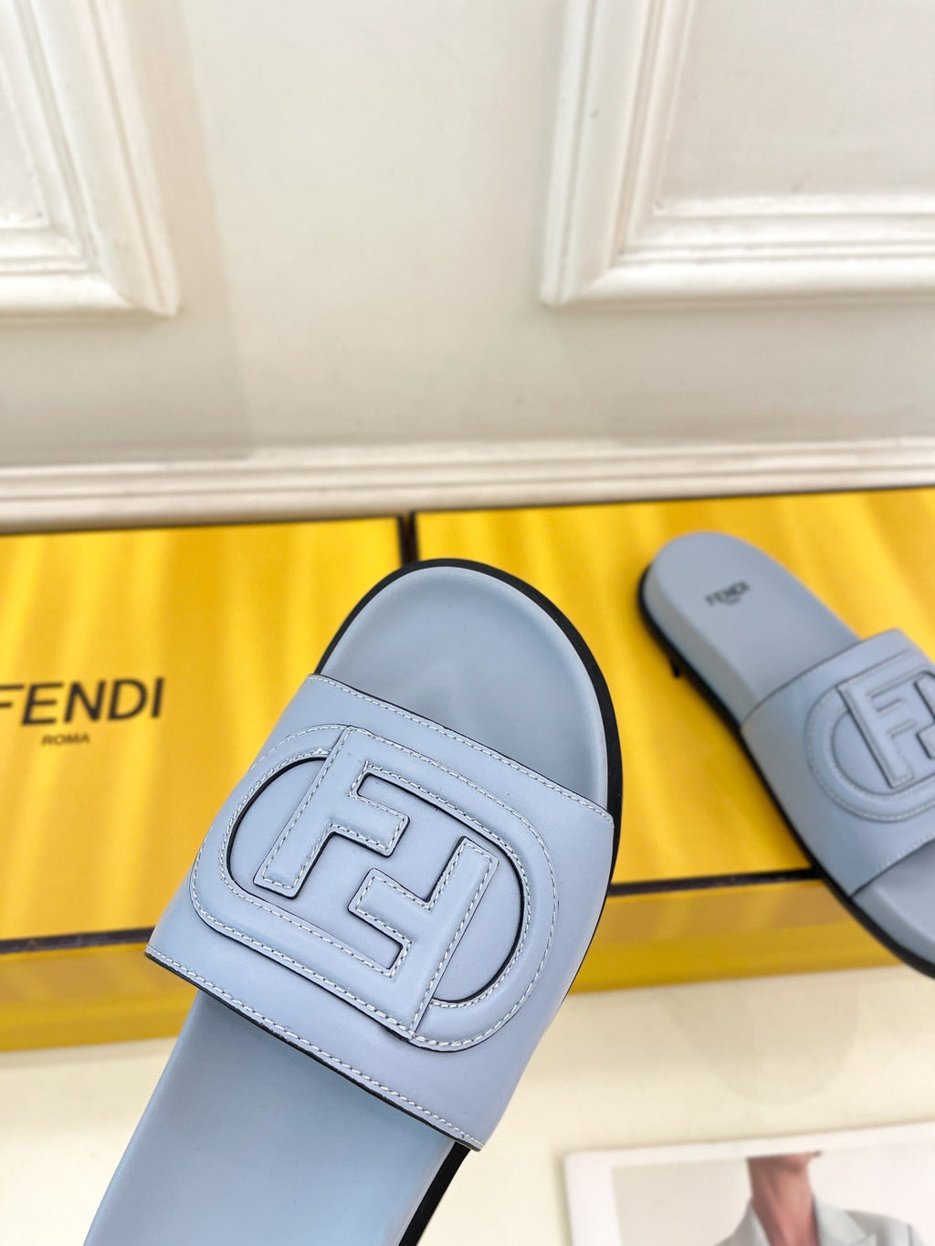 FENDI LOGO SLIDES IN BLUE POWDER CALFSKIN
