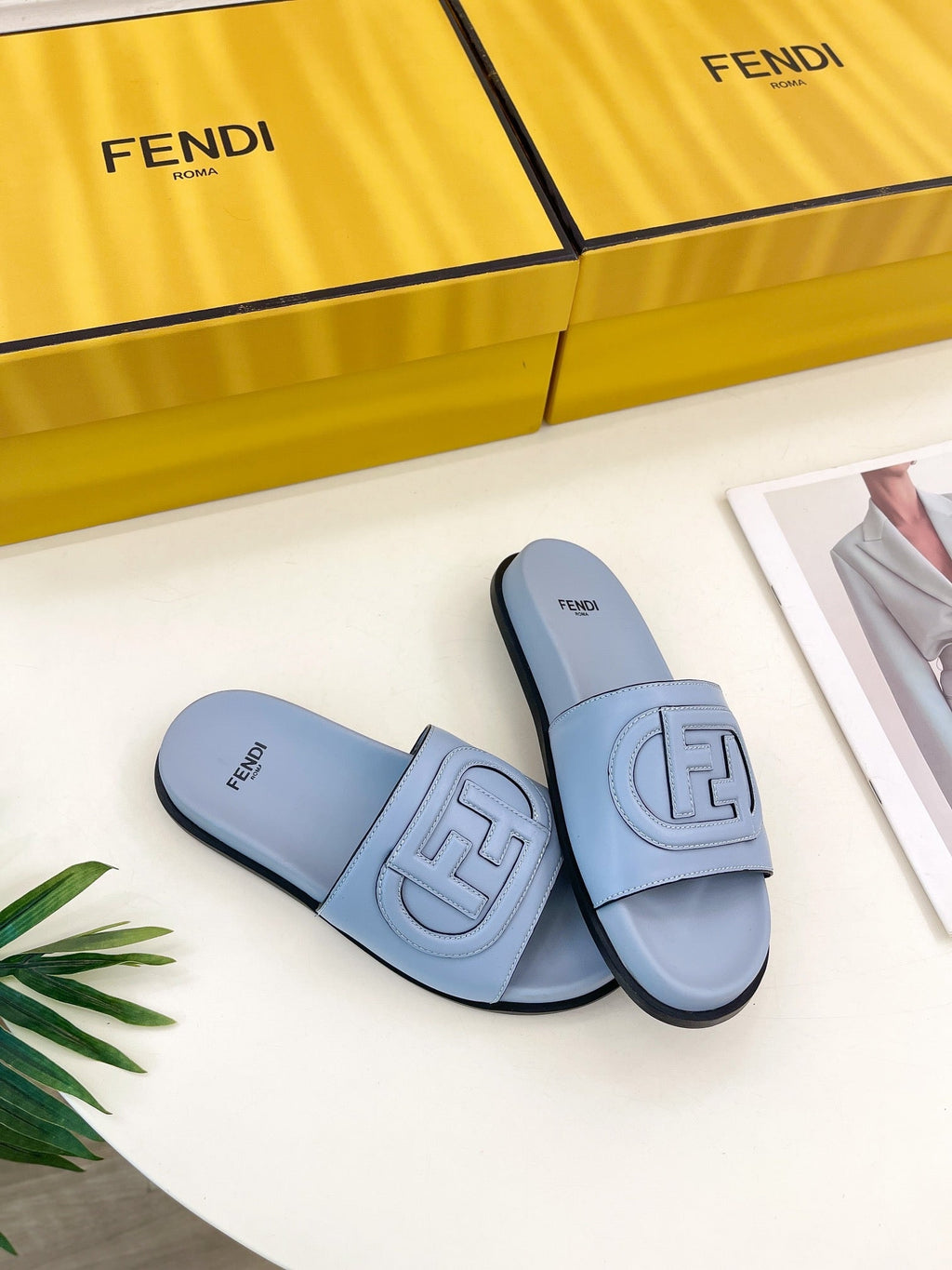 FENDI LOGO SLIDES IN BLUE POWDER CALFSKIN