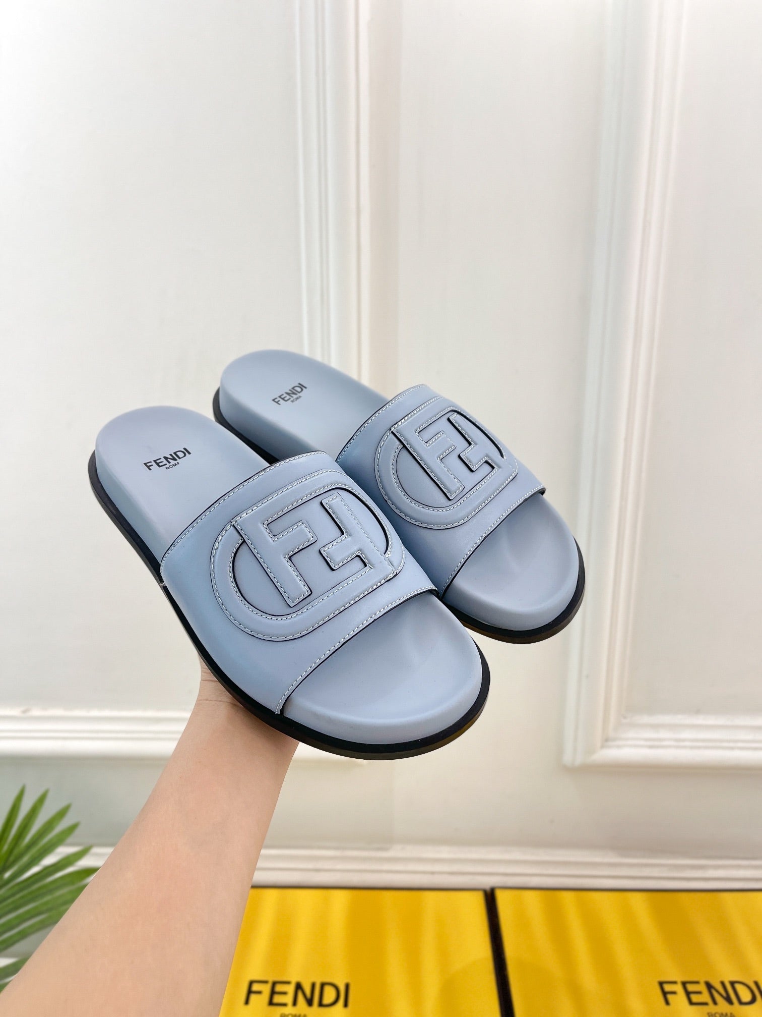 FENDI LOGO SLIDES IN BLUE POWDER CALFSKIN