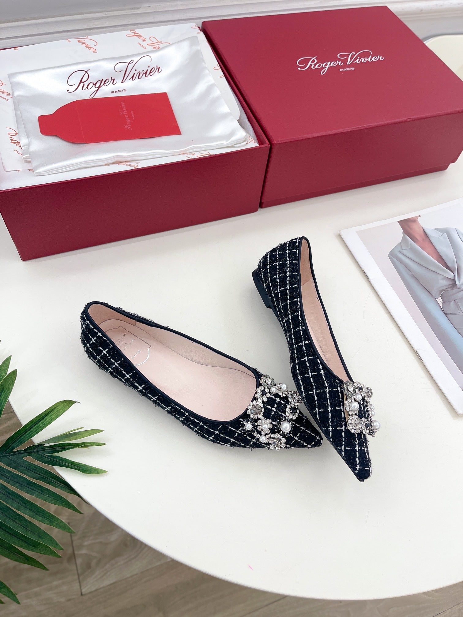 EFFLORESCENCE BALLERINAS IN BLACK TWEED WITH FINE WHITE STRIPES EMBELLISHED CRYSTALS