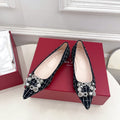 EFFLORESCENCE BALLERINAS IN BLACK TWEED WITH FINE WHITE STRIPES EMBELLISHED CRYSTALS