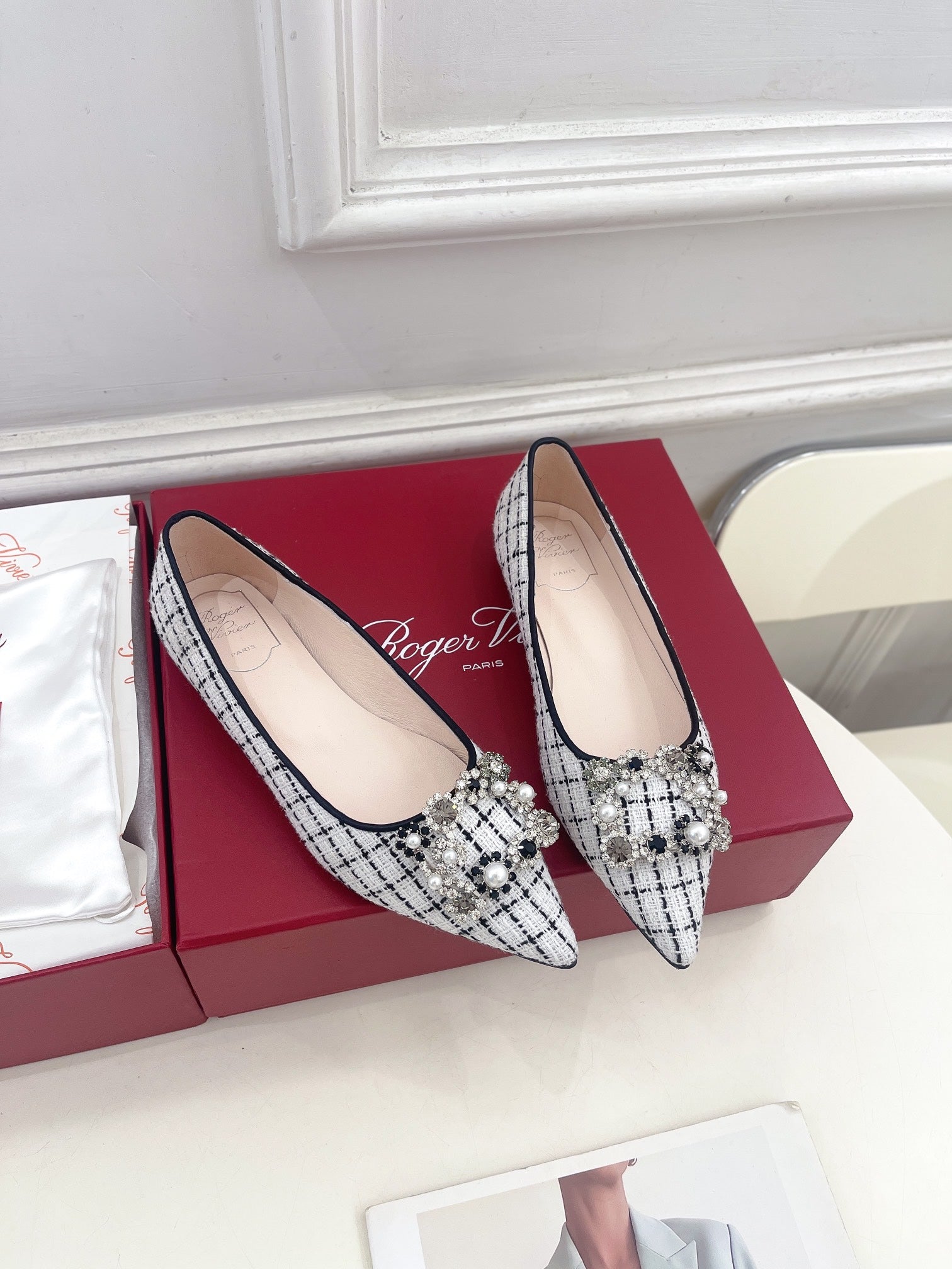 EFFLORESCENCE BALLERINAS IN WHITE TWEED WITH FINE BLACK STRIPES EMBELLISHED CRYSTALS