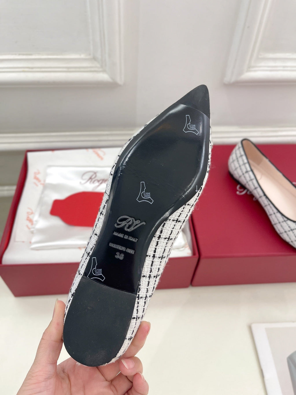 EFFLORESCENCE BALLERINAS IN WHITE TWEED WITH FINE BLACK STRIPES EMBELLISHED CRYSTALS