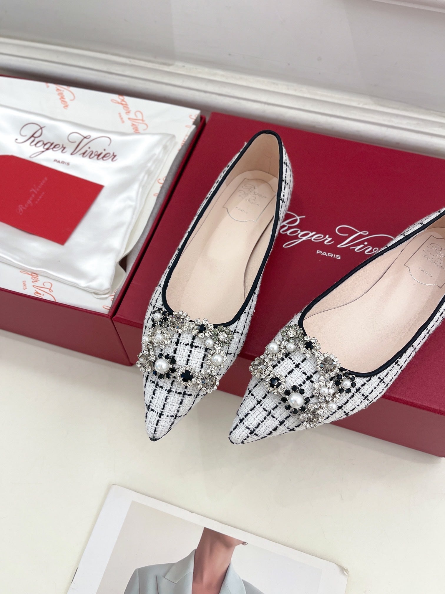 EFFLORESCENCE BALLERINAS IN WHITE TWEED WITH FINE BLACK STRIPES EMBELLISHED CRYSTALS