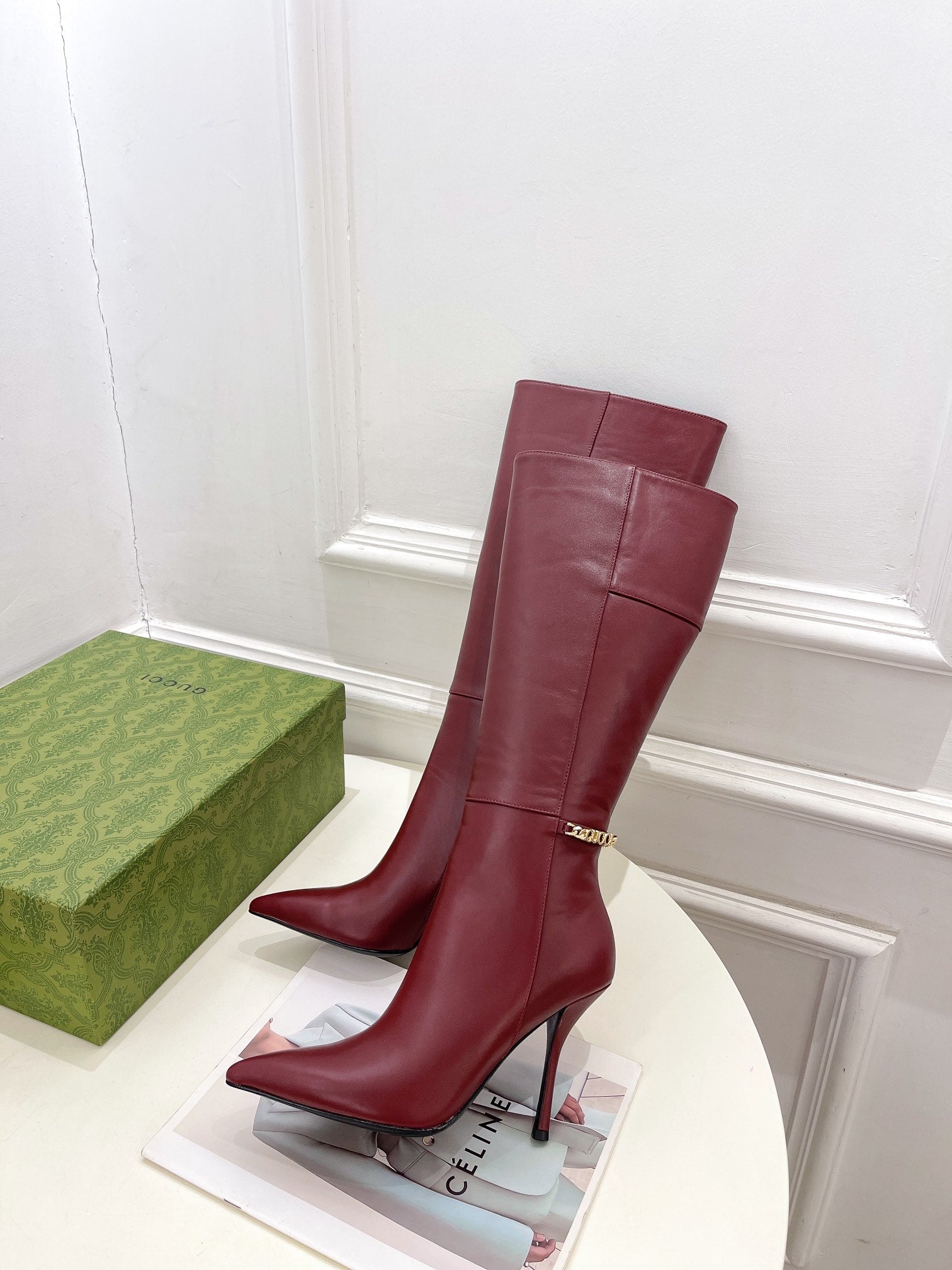 SIGNORIA KNEE BOOTS 10.5CM IN BURGUNDY RED CALFSKIN