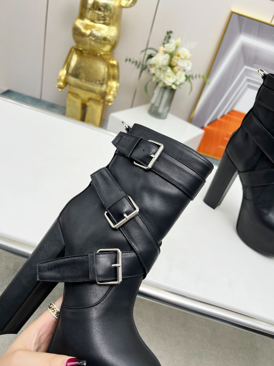 SL ANKLE BUCKLE BOOT PLATFORM BLACK SMOOTH CALFSKIN