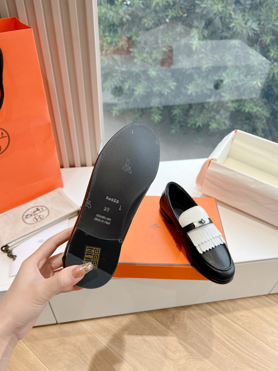 Destin Loafer Black Goatskin with White Fringe Detail